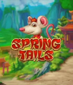 A whimsical illustration of a mouse dressed in traditional Chinese attire standing in a scenic landscape with mountains. The image is for the Spring Tails Slot by Betsoft, highlighted with bold red and gold logo lettering.