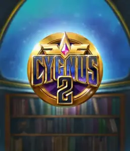 Experience the captivating visuals of Cygnus 2 Slot by ELK Studios, featuring a spectacular emblem with a vibrant design in purple and gold. Set against a mystical background of a library, this graphic captures the theme of mystical exploration. 